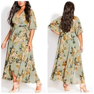 City Chic Magnolia Floral Maxi Dress Sage | Size M / 18 | NWT | Hi-Lo Wrap Dress